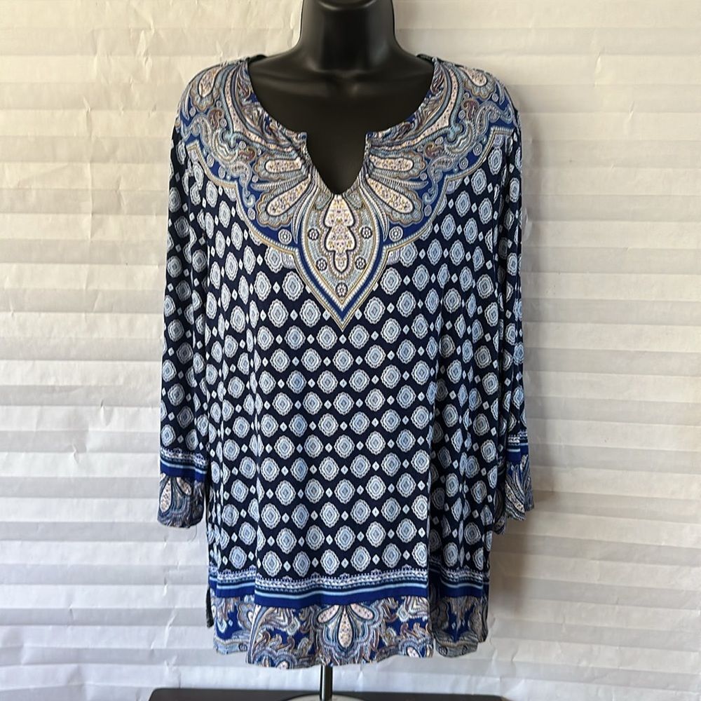 Chico's Blue White V-Neck Stretch Blouse Long Sleeve Women's Size 3